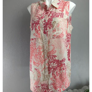 Dana Buchman Womens Pink Shirt L Linen Blend Paisley Button Up Sleeveless Top